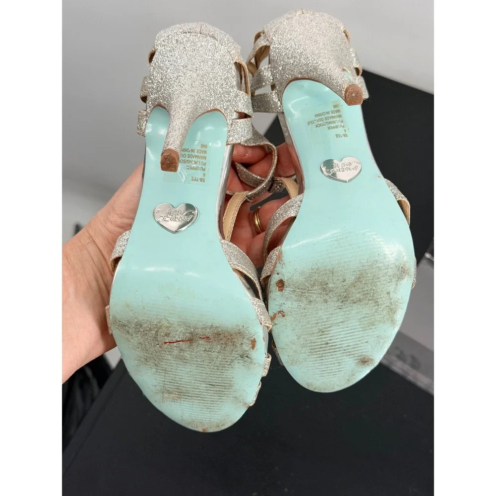 Betsey Johnson Blue Heels 6 Silver Good Glitter T-Strap Stiletto Glam Sparkle
